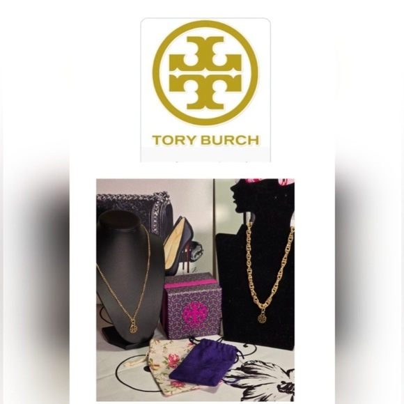 2 TORY BURCH Charms on Unbranded Necklaces w/Gift Box & Dust Bags, EUC - Picture 3 of 10